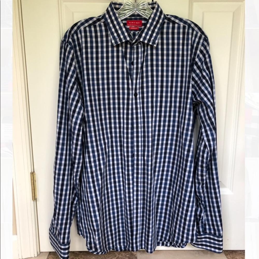 Zara Man Super Slim Fit Gingham Navy Button Down